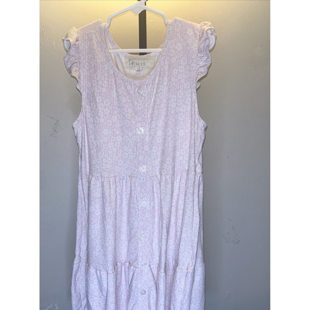Btween Girls Sz 10 Pink White Striped Ruffle Flutter‎ Sleeve Tiered Dress Summer